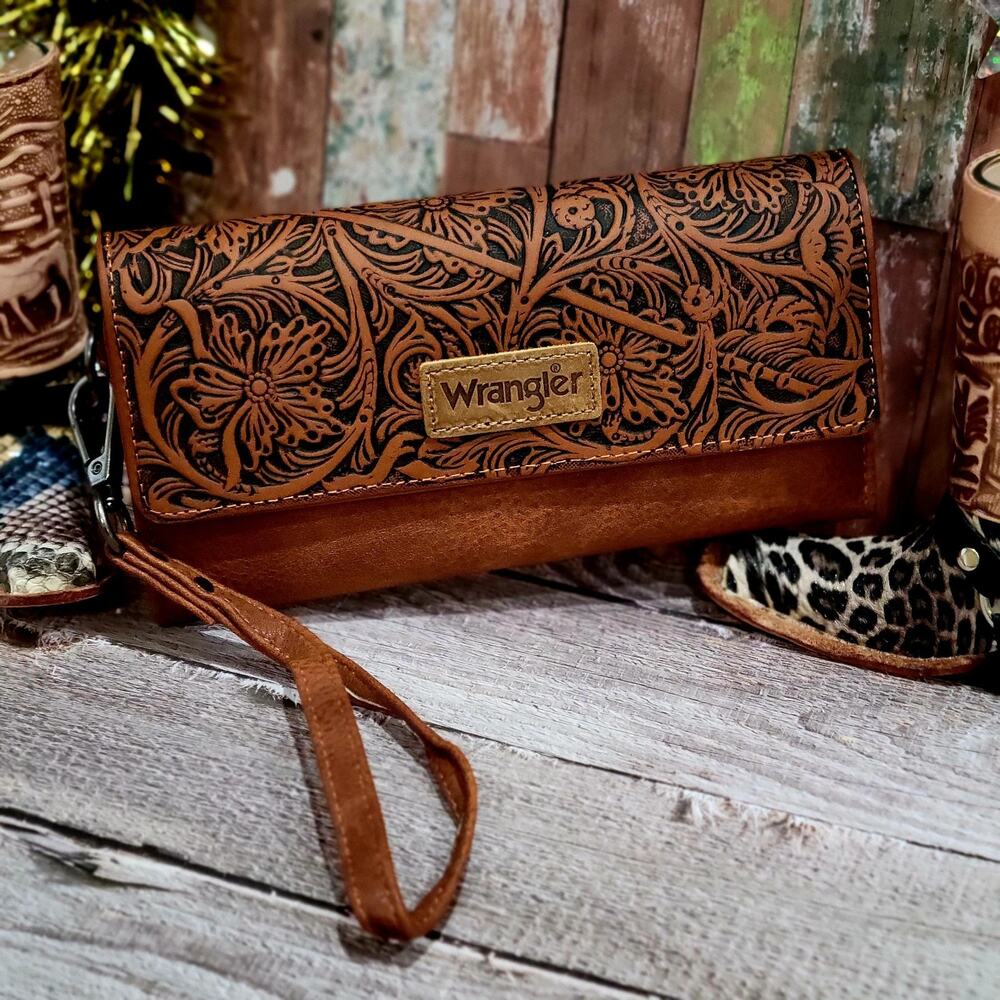 Wrangler Faux Leather Wallet with Floral Tooled Design Wristlet Brown RFID BLOCK